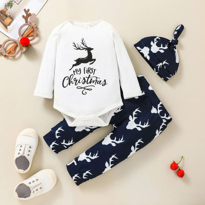 3-piece Baby Boy Pure Cotton Letter and Elk Pattern Long-sleeved Romper & Allover Elk Pattern Pants & Matching Infant Hat
