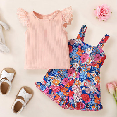 Baby Solid Color Ruffle-sleeve Top & Vacation Floral Overalls