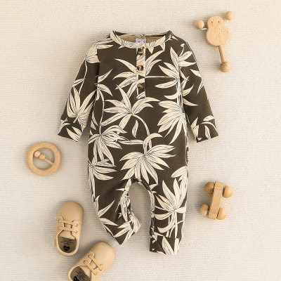 Mameluco de pierna larga de manga larga con estampado floral tropical Allover de algodón puro para bebé niño