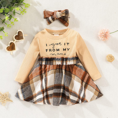 Baby Plaid Round neck Patchwork Print A-line  Long Sleeve Dress