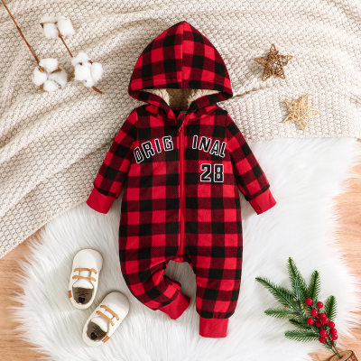 Baby Plaid Letter Pattern Hooded Fluffy Hooded Jumpsuit