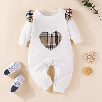 Baby Sweet Plaid Heart-shaped Printed Bowknot Decor Long-sleeve Jumpsuit