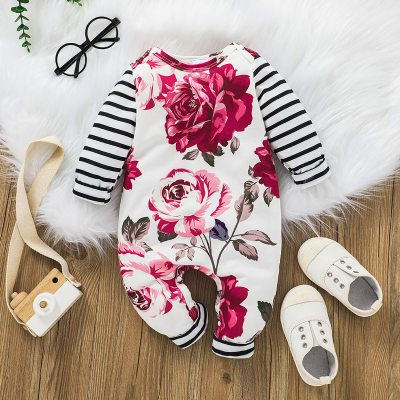 Baby Girl Pure Cotton Floral Stripe Patchwork Long-sleeved Long-leg Romper