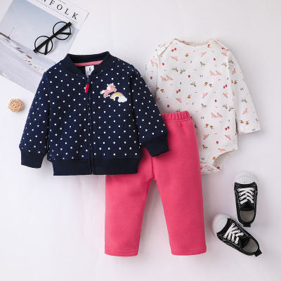 3-piece Baby Cartoon Pattern Long Sleeve Romper & Polka Dotted Unicorn Pattern Zip-up Jacket & Solid Color Pants