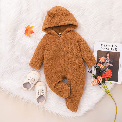 Baby Solid Color Hooded Zip-up Long-sleeved Long-leg Plush Romper