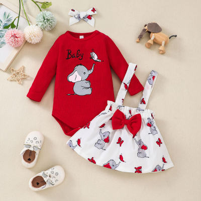 2-piece Baby Girl Pure Cotton Letter and Elephant Printed Long Sleeve Romper & Allover Elephant Printed Bowknot Decor Suspender Dress
