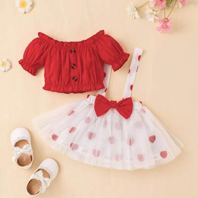 Baby Solid Color Puffy Sleeves Top & Heart-shaped Bowknot Mesh Overalls