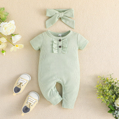 2-piece Baby Girl Solid Color Ribbed Short Sleeve Long-leg Romper & Bowknot Headwrap