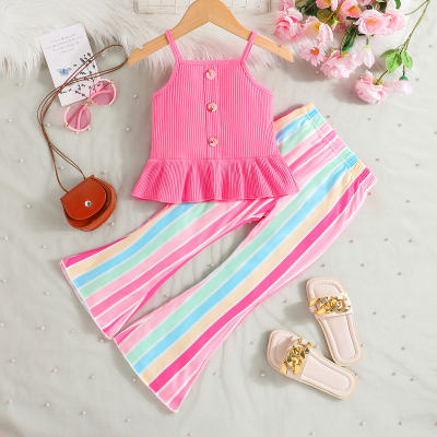 2-piece Toddler Girl Solid Color Ruffled Vest & Color-block Striped Flare Pants