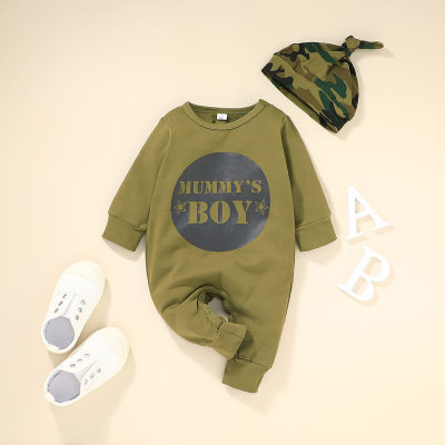 2-piece Baby Boy Pure Cotton Letter Pattern Long-sleeved Long-leg Romper & Camouflage Infant Hat