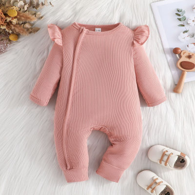 Baby Girl Solid Color Ruffle Zipper Decor Jumpsuit