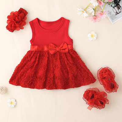 Baby Girl 3 Pieces Stereo Flower Solid Dress with Headband And Shoes