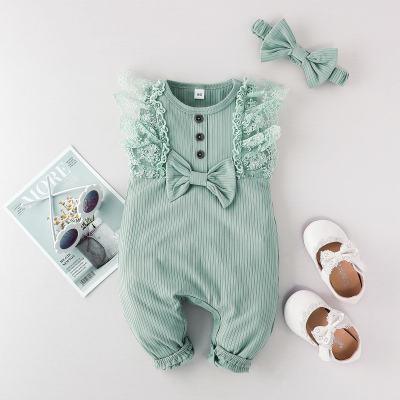 Baby Girl Beautiful Solid Colour Ruffle Lace Jumpsuit  with Headband