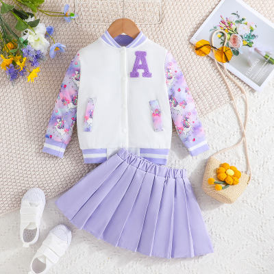 2-piece Toddler Girl Floral Printed Patchwork Letter Pattern Baseball Jakcet & Solid Color Pleated Skirt