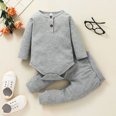2-piece Baby Boy Pure Cotton Solid Color Ribbed Button Front Long-sleeved Romper & Matching Pants