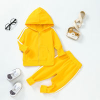 2-piece Toddler Boy Pure Cotton Solid Color Stripe Pattern Hooded Zip-up Jacket & Matching Pants  Ginger