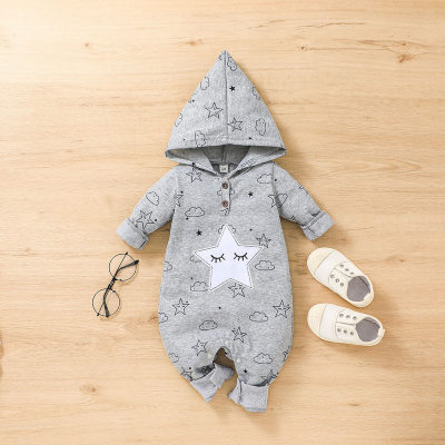 Baby Allover Star and Cloud Pattern Button Front Hooded Long-sleeved Long-leg Romper