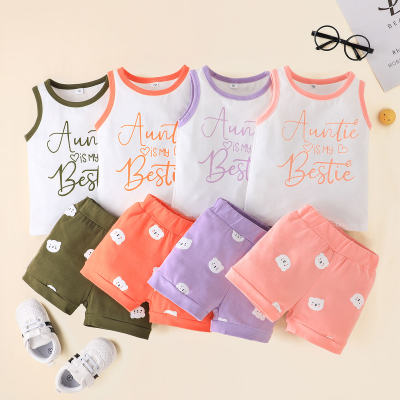 2-piece Baby Girl Letter Pattern Vest & Allover Bear Pattern Shorts