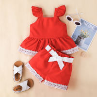Baby Girl Solid Color Ruffle-sleeve Top & Pant With belt  Red