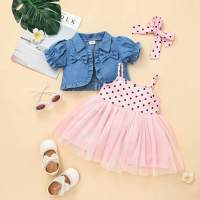 Baby Cowboy Bowknot Decor Ruffle-sleeve Top & Polka Dot Heart-shaped Mesh Skirt With Hairband  Pink