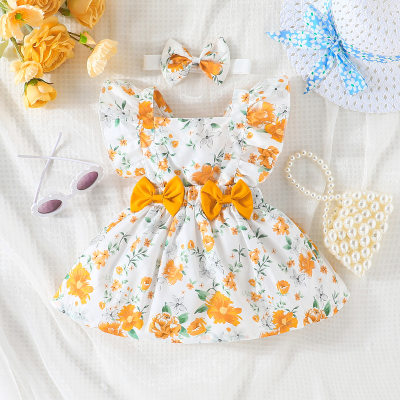 Baby Girl Allover Floral Printed Bowknot Decor Square Neck Sleeveless Dress & Headwrap