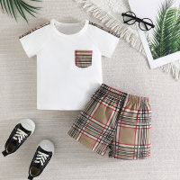 2pcs Set Baby Boy Plaid Pocket T-Shirt And Shorts Set  White