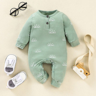 Baby Boy Solid Color Sun Printed Ribbed Button Front Long-sleeved Long-leg Romper