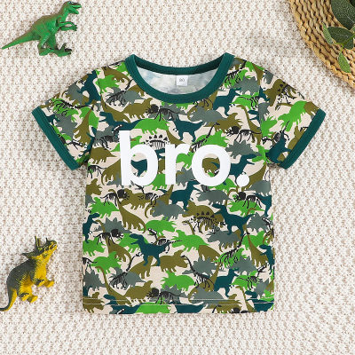 Toddler Boy Allover Dinosaur and Letter Printed Short Sleeve T-shirt