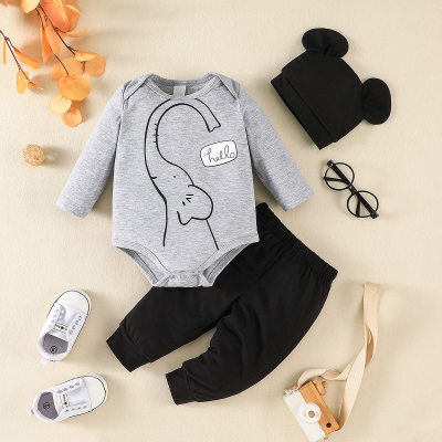 3-piece Baby Boy Elephant and Letter Printed Long Sleeve Romper & Solid Color Pants & 3D Ear Design Hat
