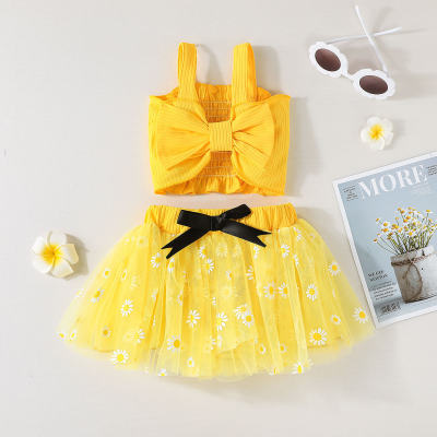 Baby Bowknot Decor Sling & Solid Color Lace Skirt