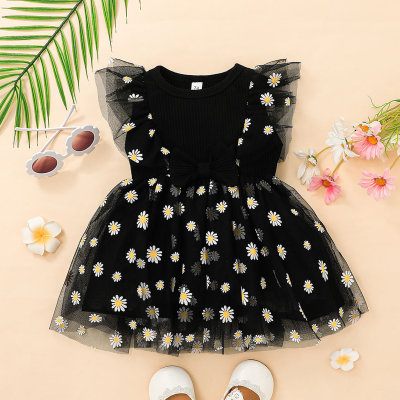Baby Girl Beautiful Ruffled Bowknot Floral Print Tulle Dress
