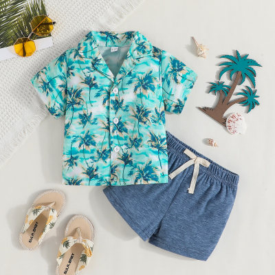 Baby Boy 2 Pieces Casual Tropical Pattern Shirt & Solid Color Shorts