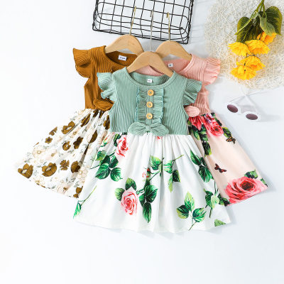 Toddler Girl Ruffle Sleeves Ribbed Floral Print Dress