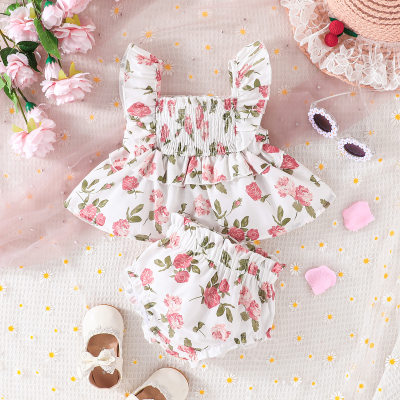 2-piece Baby Girl Floral Printed Square Neck Sleeveless Blouse & Matching Panty