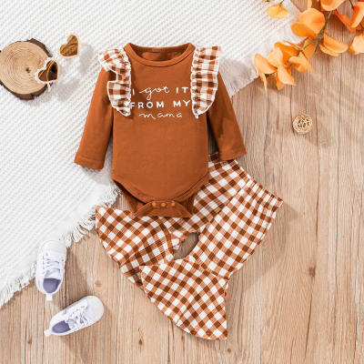 2-piece Baby Girl Letter Printed Ruffled Patchwork Long Sleeve Romper & Plaid Flare Pants