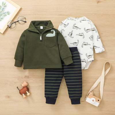 3-piece Baby Boy Dinosaur Pattern Long Sleeve Romper & Solid Color Lapel Sweatshirt & Striped Pants