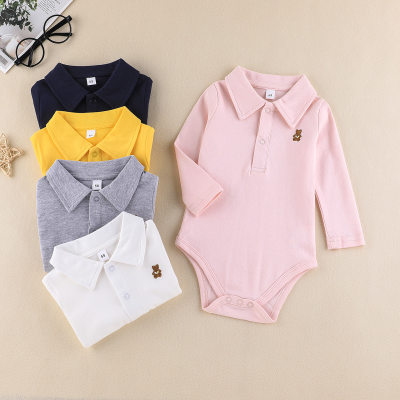 Baby Micro stretch Polo Collar Daily Embroidered Bear  Long Sleeve Triangle Romper