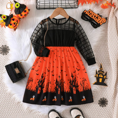 Vestido infantil feminino estilo Halloween com estampa de morcego em malha patchwork de manga comprida