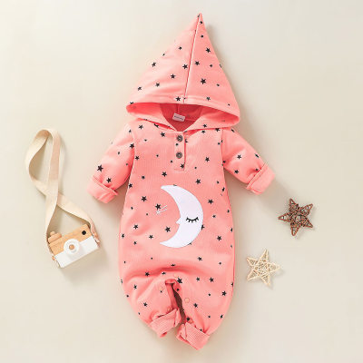 Baby 100% Cotton Allover Star Dotted Moon Pattern Hooded Long-sleeved Long-leg Romper