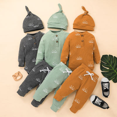 Baby Sun Print Knitted Long Sleeve Romper & Pant With Hat