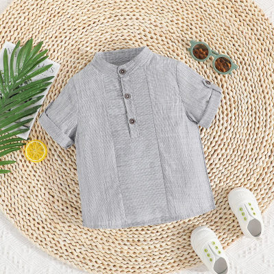 Toddler Boy Pure Cotton Solid Color Stand Up Collar Short Sleeve Shirt