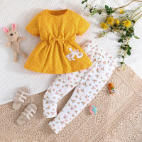 2-piece Toddler Girl Solid Color Bowknot Decor Short Sleeve T-shirt & Allover Printed Leggings  Yellow