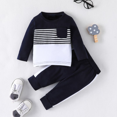 Camiseta de manga longa e calça combinando com patchwork listrado de algodão puro bebê menino de 2 peças