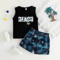 2-piece Toddler Boy Pure Cotton Letter Printed Vest & Allover Printing Shorts  Black