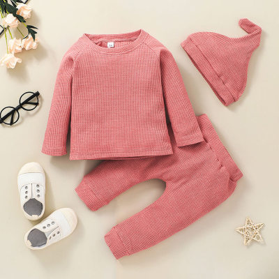 3-piece Baby Girl Solid Color Sweatshirt & Matching Pants & Infant Hat