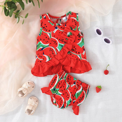 2-piece Baby Girl Allover Watermelon Printed Ruffled Sleeveless Top & Matching Shorts