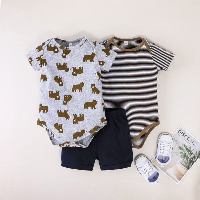 3-piece Baby Boy Pure Cotton Allover Elephant Pattern Short Sleeve Romper & Striped Romper & Solid Color Shorts