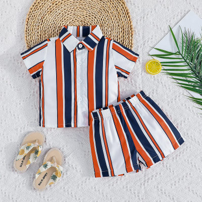 2-piece Baby Boy Color-block Striped Short Sleeve Shirt & Matching Shorts