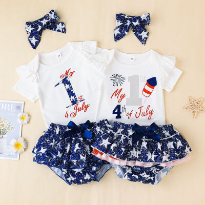 Baby Girl Independence Day Short Sleeve Bodysuit And Shorts with Headband