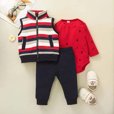 3-piece Baby Boy Cartoon Pattern Long Sleeve Romper & Striped Stand Up Collar Vest & Pants